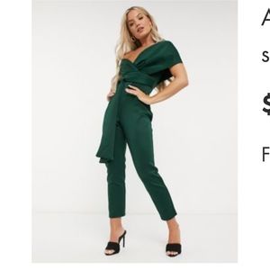 Asos forest green fallen shoulder jumpsuit